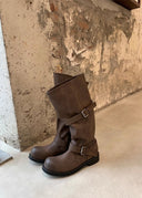 Shoshana | Knee High Biker Boots – Round Toe Double Buckle Strap Low Heel