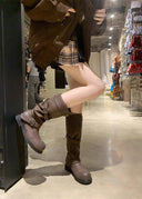 Shoshana | Knee High Biker Boots – Round Toe Double Buckle Strap Low Heel