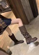 Shoshana | Knee High Biker Boots – Round Toe Double Buckle Strap Low Heel