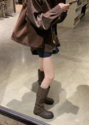 Shoshana | Knee High Biker Boots – Round Toe Double Buckle Strap Low Heel