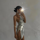 Sierrah | Metallic Mini Dress – Party One Shoulder Draped Front High Slit