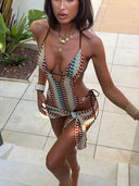 Sol | Crochet Cutout One Piece Swimsuit – Beach Swim Halter Tie Wrap Sarong