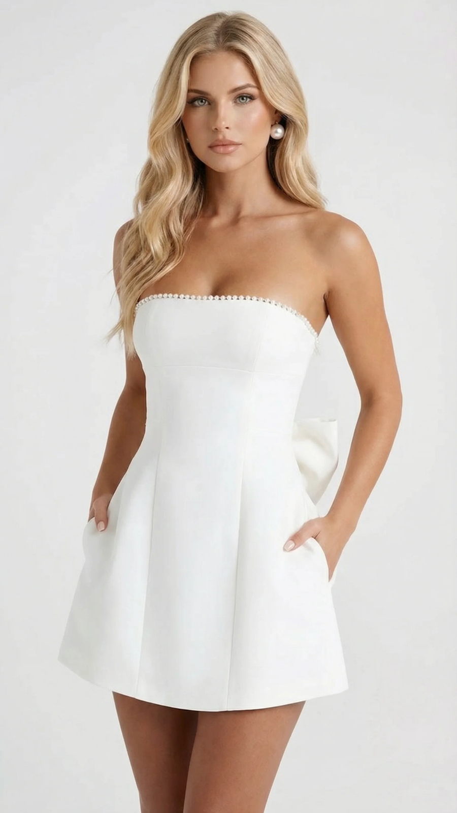 Solana | Bow Mini Dress – Party Strapless Pearl Trim Side Bow Seamed Front
