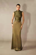 Soleil | Sleeveless Solid Set – Mock Neck Beaded Fringe Maxi Evening
