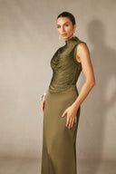 Soleil | Sleeveless Solid Set – Mock Neck Beaded Fringe Maxi Evening