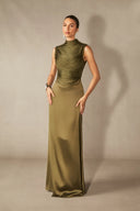 Soleil | Sleeveless Solid Set – Mock Neck Beaded Fringe Maxi Evening