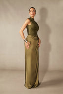 Soleil | Sleeveless Solid Set – Mock Neck Beaded Fringe Maxi Evening