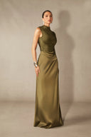 Soleil | Sleeveless Solid Set – Mock Neck Beaded Fringe Maxi Evening