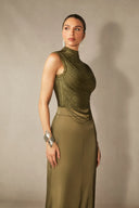 Soleil | Sleeveless Solid Set – Mock Neck Beaded Fringe Maxi Evening