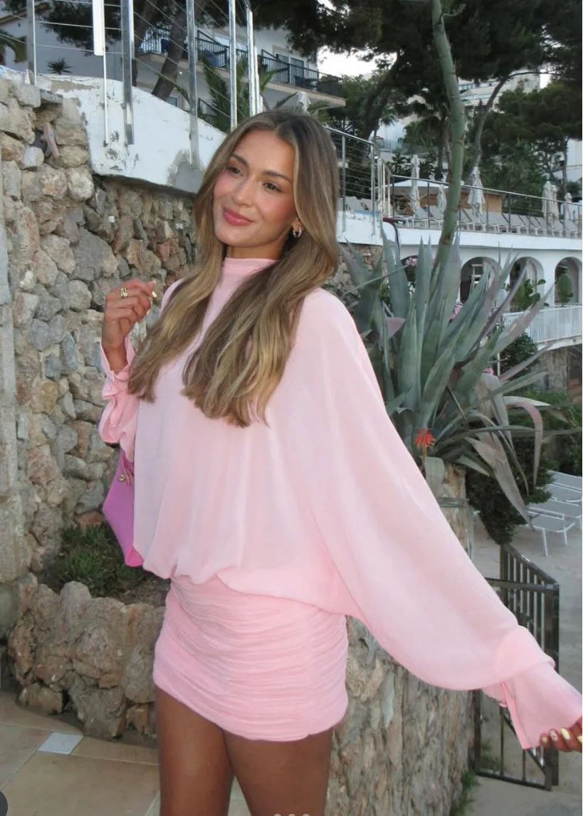 Solene | Sheer Summer Mini Dress – High Neck Ruched Skirt Blouson Party