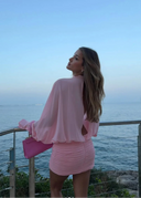 Solene | Sheer Summer Mini Dress – High Neck Ruched Skirt Blouson Party