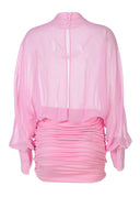 Solene | Sheer Summer Mini Dress – High Neck Ruched Skirt Blouson Party