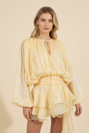 Sophia | Shimmer Metallic Mini Party Dress – Balloon Sleeve Tie Neck Ruffle Skirt