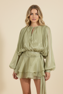Sophia | Shimmer Metallic Mini Party Dress – Balloon Sleeve Tie Neck Ruffle Skirt