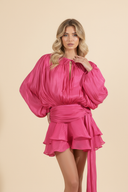 Sophia | Shimmer Metallic Mini Party Dress – Balloon Sleeve Tie Neck Ruffle Skirt