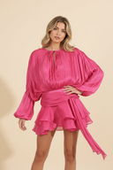 Sophia | Shimmer Metallic Mini Party Dress – Balloon Sleeve Tie Neck Ruffle Skirt