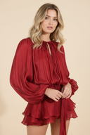 Sophia | Shimmer Metallic Mini Party Dress – Balloon Sleeve Tie Neck Ruffle Skirt