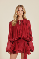 Sophia | Shimmer Metallic Mini Party Dress – Balloon Sleeve Tie Neck Ruffle Skirt