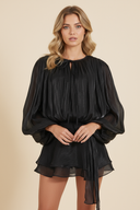 Sophia | Shimmer Metallic Mini Party Dress – Balloon Sleeve Tie Neck Ruffle Skirt