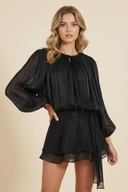 Sophia | Shimmer Metallic Mini Party Dress – Balloon Sleeve Tie Neck Ruffle Skirt
