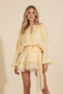 Sophia | Shimmer Metallic Mini Party Dress – Balloon Sleeve Tie Neck Ruffle Skirt
