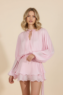 Sophia | Shimmer Metallic Mini Party Dress – Balloon Sleeve Tie Neck Ruffle Skirt