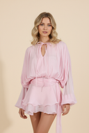 Sophia | Shimmer Metallic Mini Party Dress – Balloon Sleeve Tie Neck Ruffle Skirt