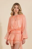 Sophia | Shimmer Metallic Mini Party Dress – Balloon Sleeve Tie Neck Ruffle Skirt