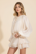 Sophia | Shimmer Metallic Mini Party Dress – Balloon Sleeve Tie Neck Ruffle Skirt