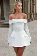 Stella | Off Shoulder Long Sleeve A-Line Mini – Bardot Flap Pocket Party Dress