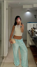 Summer | Sequin Wide Leg Trousers – High Waist Drawstring Beach Holiday Pants