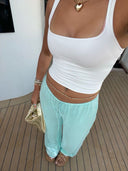 Summer | Sequin Wide Leg Trousers – High Waist Drawstring Beach Holiday Pants