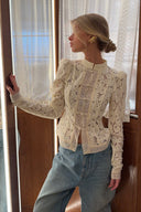 Susan | Floral Lace Blouse – Mandarin Collar Frog Button Long Sleeve