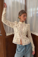 Susan | Floral Lace Blouse – Mandarin Collar Frog Button Long Sleeve