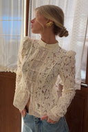 Susan | Floral Lace Blouse – Mandarin Collar Frog Button Long Sleeve