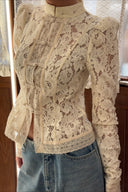 Susan | Floral Lace Blouse – Mandarin Collar Frog Button Long Sleeve