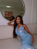 Suzy | Sequin Maxi – Halter Cowl Neck Sleeveless Formal Prom Wedding Guest Dress