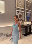 Suzy | Sequin Maxi – Halter Cowl Neck Sleeveless Formal Prom Wedding Guest Dress