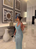 Suzy | Sequin Maxi – Halter Cowl Neck Sleeveless Formal Prom Wedding Guest Dress