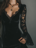 Svea | Lace Velvet Mini Dress – Evening Plunge Neck Sheer Long Bell Sleeve