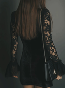 Svea | Lace Velvet Mini Dress – Evening Plunge Neck Sheer Long Bell Sleeve