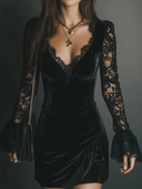 Svea | Lace Velvet Mini Dress – Evening Plunge Neck Sheer Long Bell Sleeve