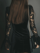 Svea | Lace Velvet Mini Dress – Evening Plunge Neck Sheer Long Bell Sleeve