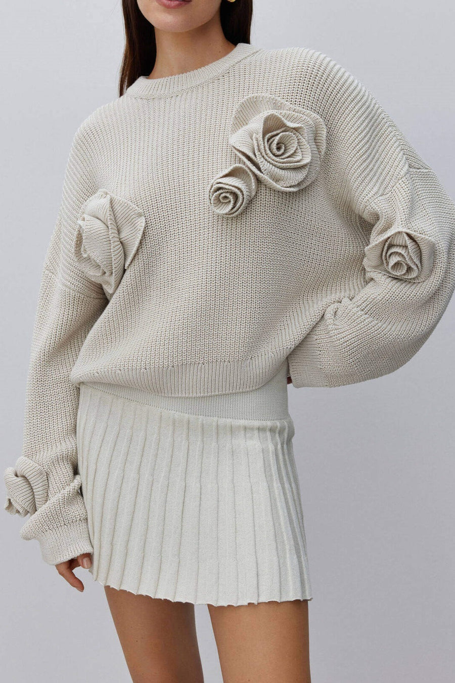 Sybil | Rose Applique Knit Sweater – Casual Crew Neck Long Sleeve Floral Detail