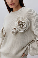 Sybil | Rose Applique Knit Sweater – Casual Crew Neck Long Sleeve Floral Detail