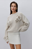 Sybil | Rose Applique Knit Sweater – Casual Crew Neck Long Sleeve Floral Detail