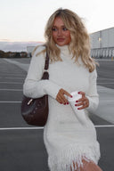 Sydney | Fuzzy Turtleneck Mini Dress – Long Sleeve Fringe Hem
