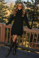 Sydney | Fuzzy Turtleneck Mini Dress – Long Sleeve Fringe Hem