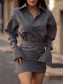 Tabitha | Pinstripe Shirt Dress – Collared Button Front Long Sleeve