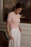 Taryn | Textured Cropped Cardigan – Crew Neck Short Sleeve Button Front